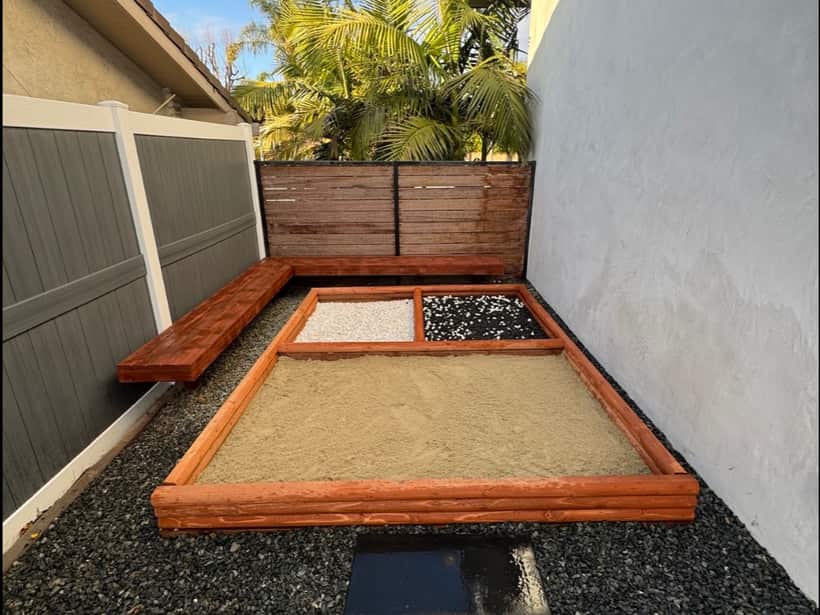 Side yard prepped with a wood frame, sand base and gravel