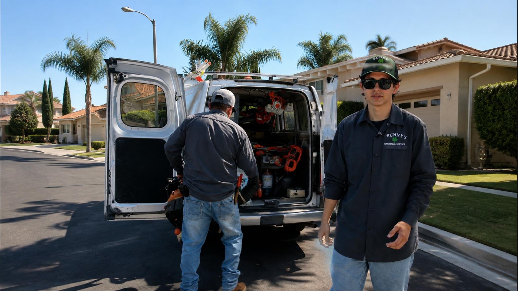 The Sunny Gardening Service crew on a street in Anaheim, loading trimmers and blowers into their open work van