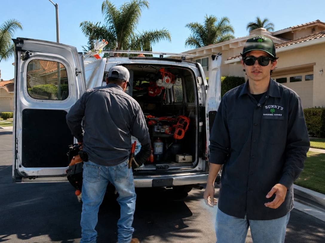 Two of the Sunny Gardening Service crew at their van in Anaheim with trimmers and blowers loaded