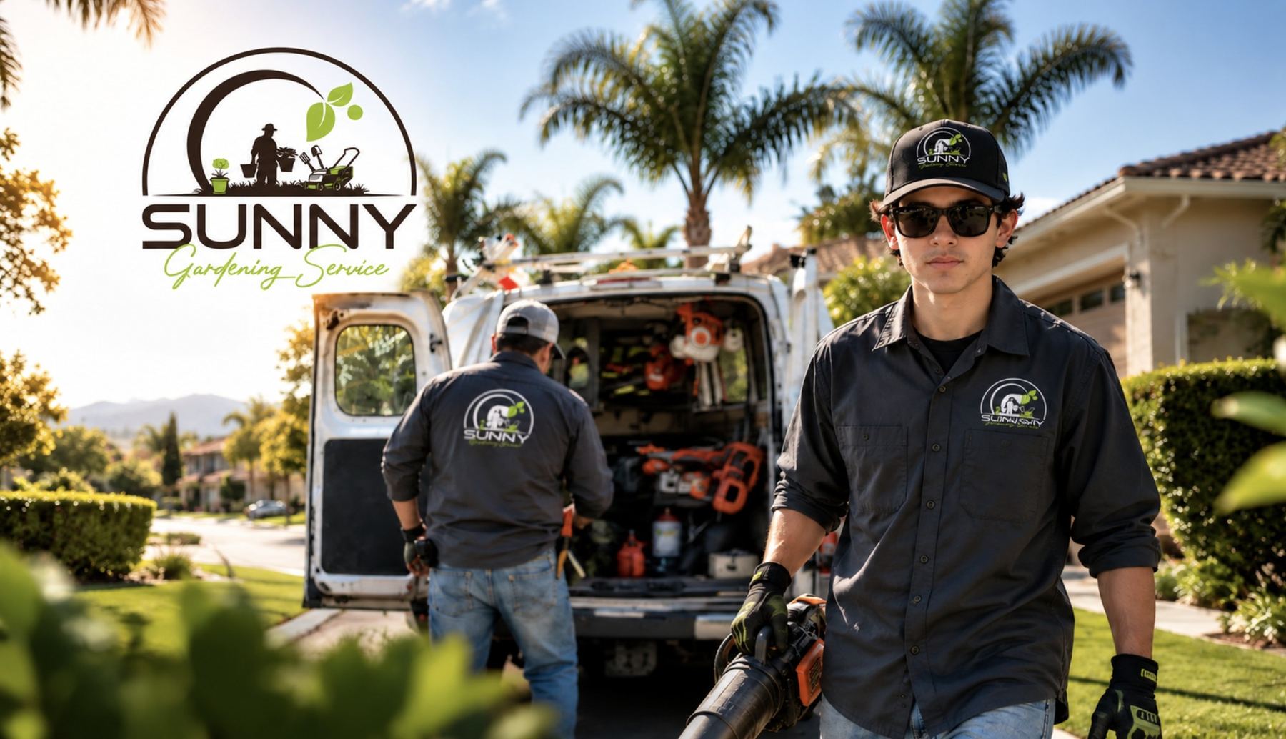 Sunny Gardening Service crew at their work van loaded with trimmers and blowers